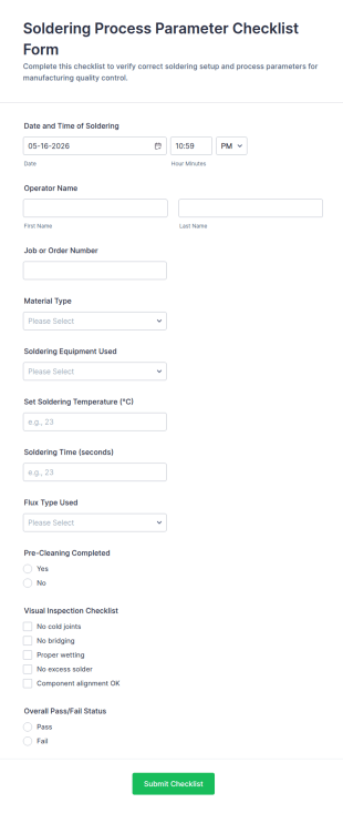 Soldering Process Parameter Checklist Form Template