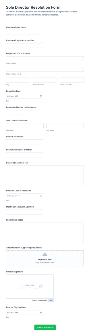 Sole Director Resolution Form Template