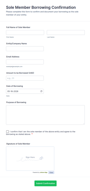 Sole Member Borrowing Confirmation Form Template