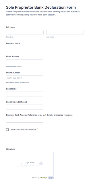 Sole Proprietor Bank Declaration Form Template