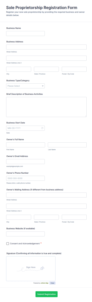 Sole Proprietorship Registration Form Template