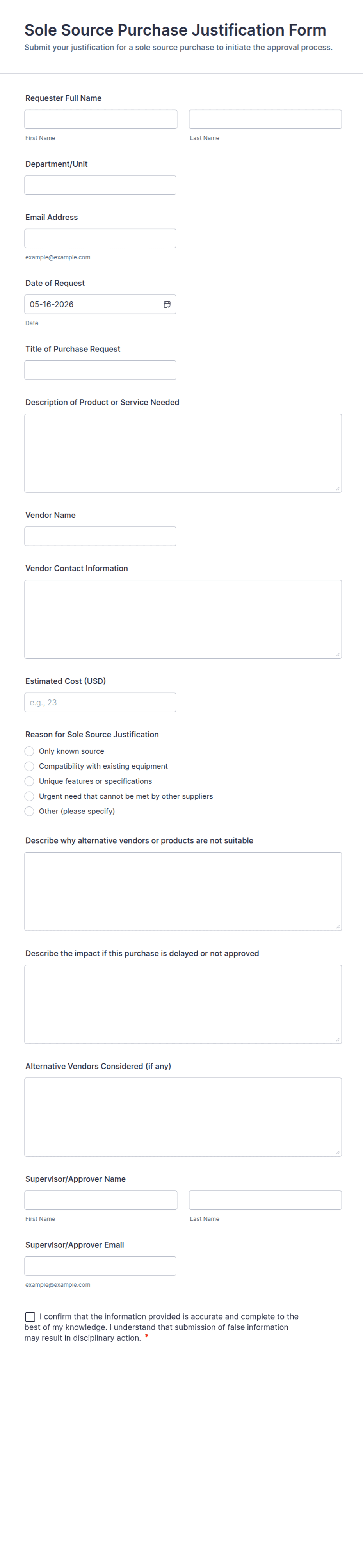 Single Source Justification Form Example Sole Source Purchase Justification Form Template | Jotform