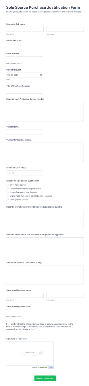 Sole Source Purchase Justification Form Template