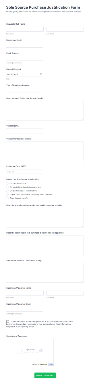 Sole Source Purchase Justification Form Template