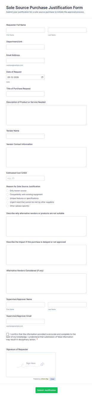 Sole Source Purchase Justification Form Template