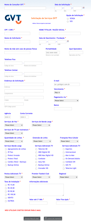 Solicitação De Serviços GVT Form Template