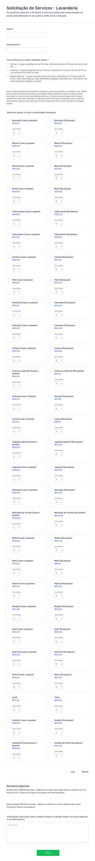 Solicitação De Serviços Lavanderia