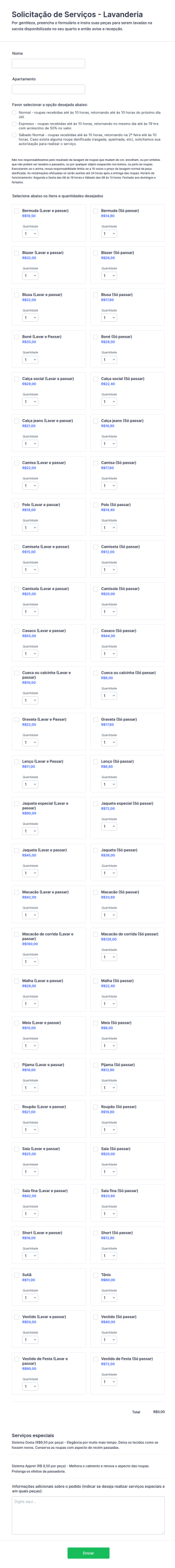 Solicitação De Serviços Lavanderia