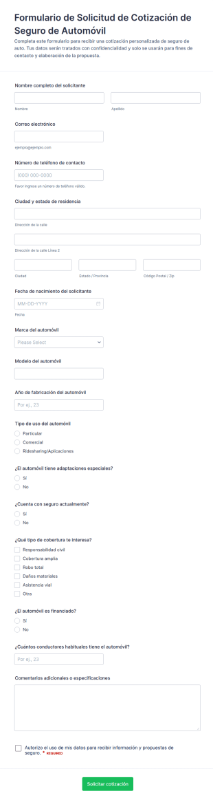 Solicitud De Cotización De Seguro De Auto