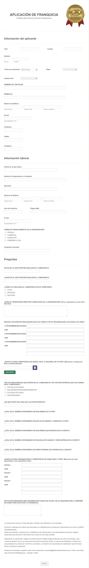 Solicitud De Franquicia De Danza Form Template
