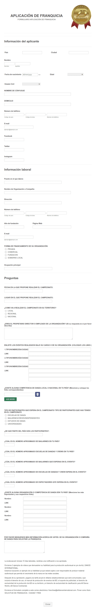 Solicitud De Franquicia De Danza