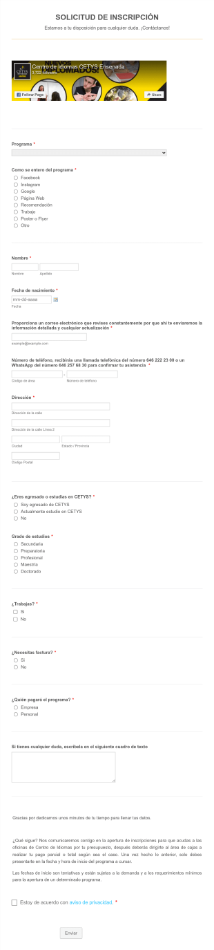 Solicitud De Inscripción De Alumnos A Programa De Idiomas Form Template