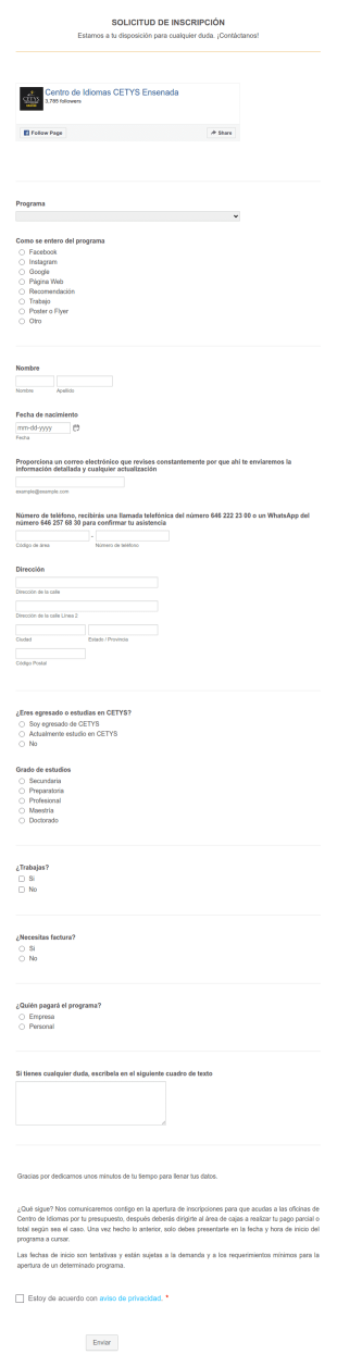 Solicitud De Inscripción De Alumnos A Programa De Idiomas