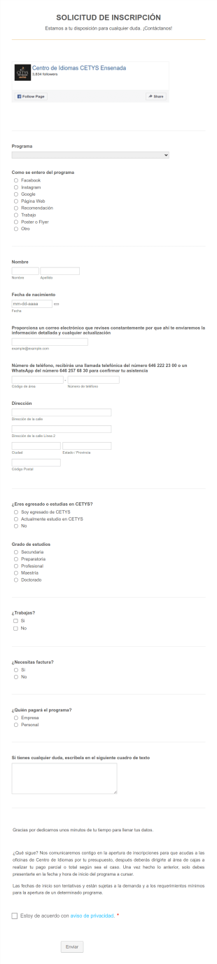 Solicitud De Inscripción De Alumnos A Programa De Idiomas