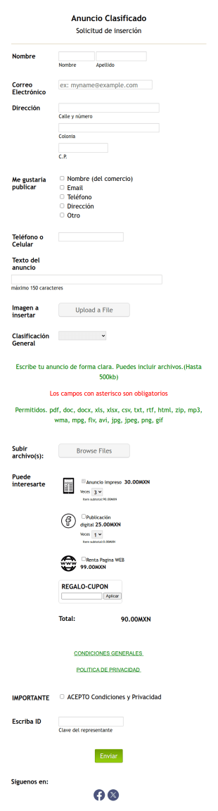 Solicitud De Inserción Anuncio Clasificado
