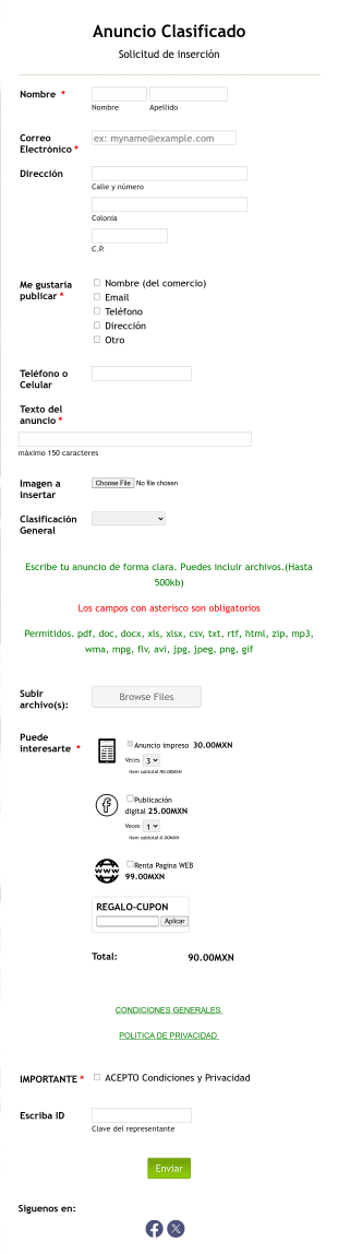 Solicitud De Inserción Anuncio Clasificado Form Template