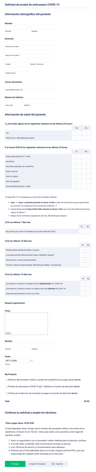 Solicitud De Prueba De Anticuerpos COVID 19
