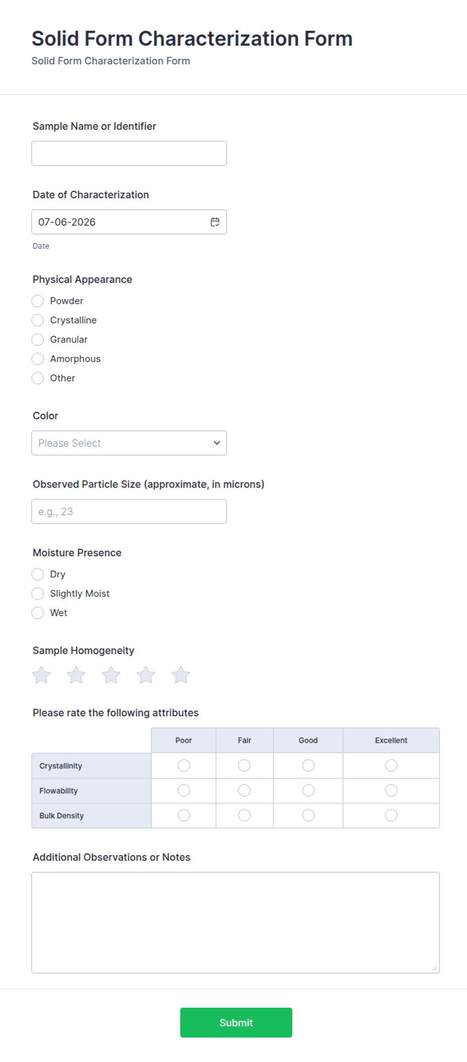 Solid Form Characterization Questionnaire | Jotform