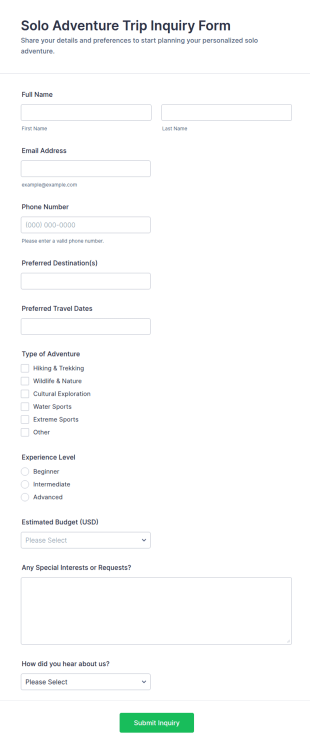 Solo Adventure Trip Inquiry Form Template
