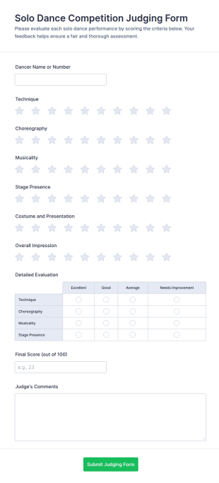 Solo Dance Competition Judging Form Template