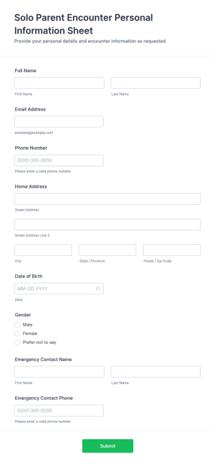 Solo Parent Encounter Personal Information Sheet Form Template