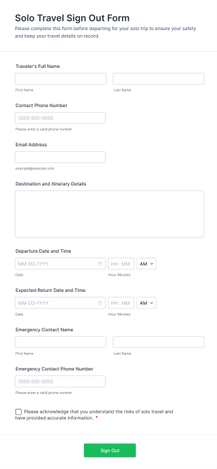 Solo Travel Sign Out Form Template