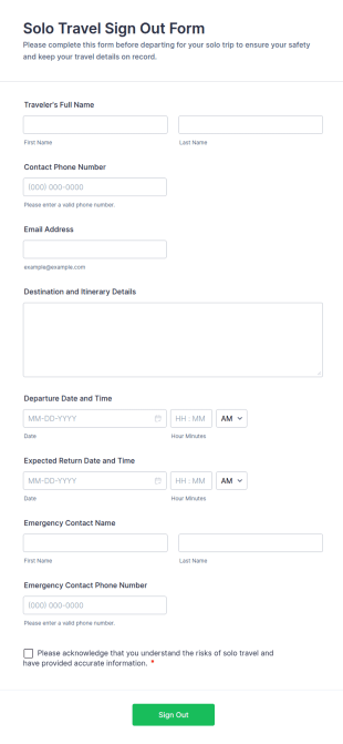 Solo Travel Sign Out Form Template