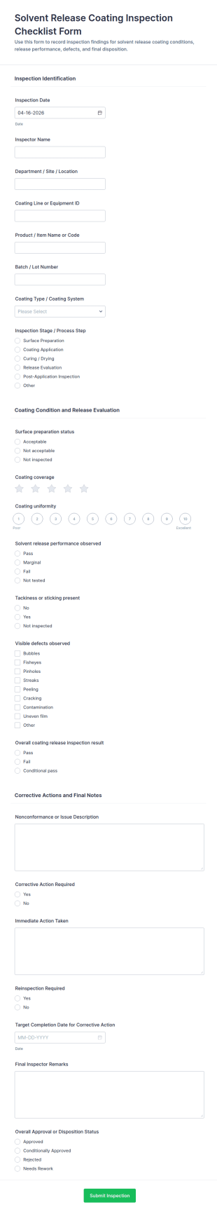 Solvent Release Coating Inspection Checklist Form Template