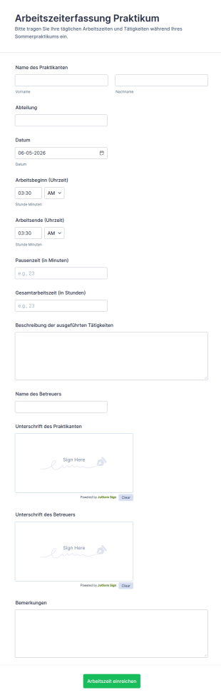 Sommer Praktikanten Stundenblatt Formular