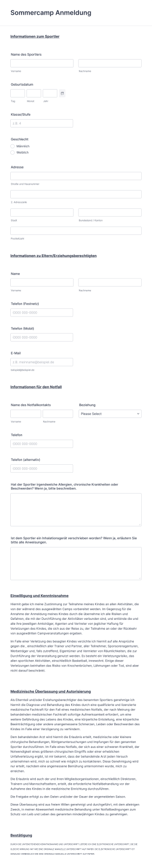 Sommercamp Anmeldeformular Form Template