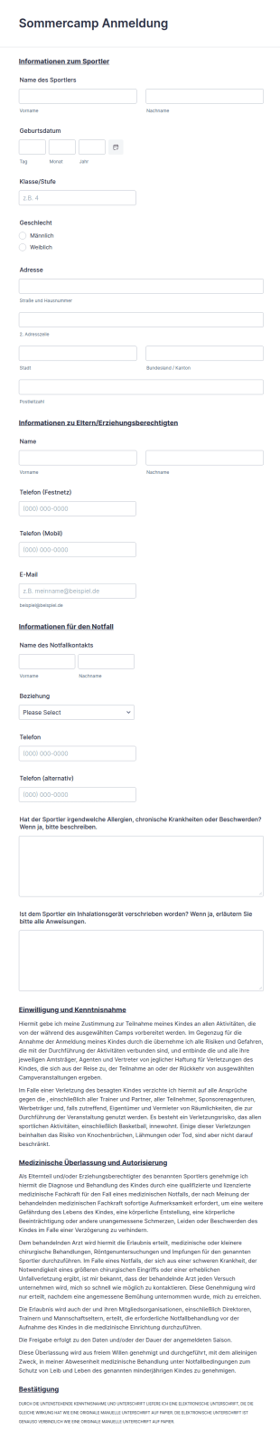 Sommercamp Anmeldeformular