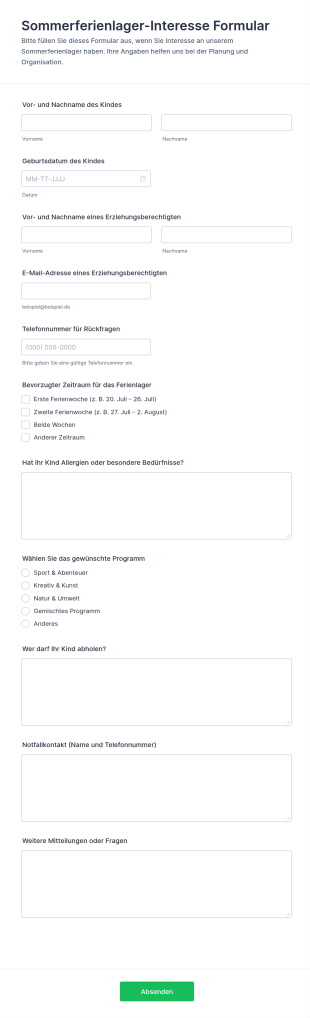 Sommerferienlager Interesse Formular