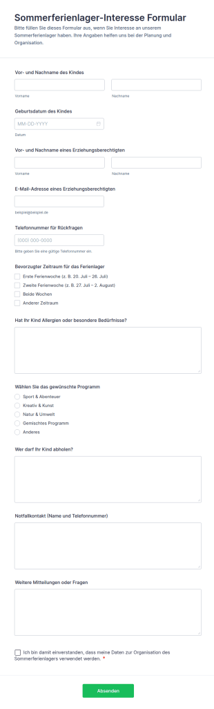 Sommerferienlager Interesse Formular