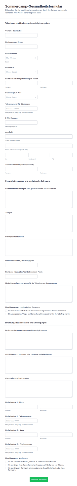 Sommerlager Medizinische Anmeldung Formular