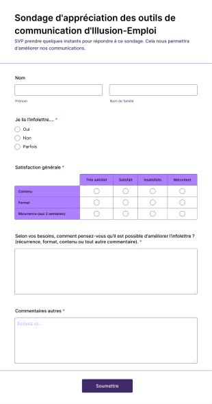 Sondage D'appréciation Des Outils De Communication D'Illusion Emploi Form Template