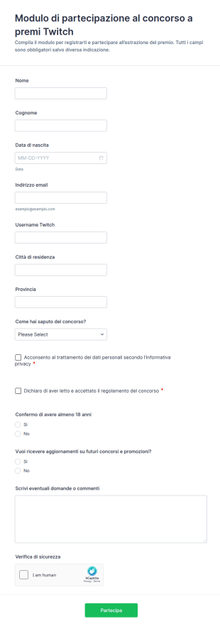 Sondaggio Di Registrazione Per Giveaway Su Twitch