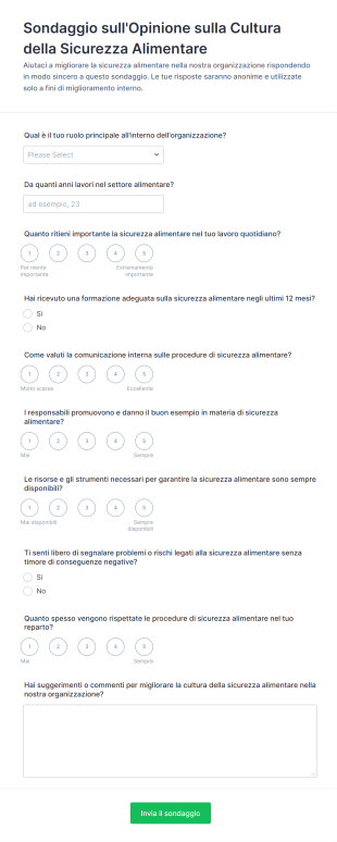 Sondaggio Sull'Opinione Sulla Cultura Della Sicurezza Alimentare