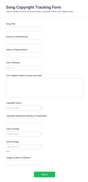 Song Copyright Tracking Form Template