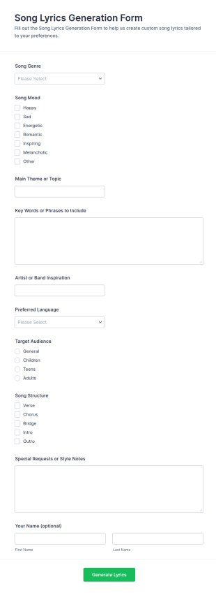 Song Lyrics Generation Form Template