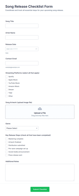 Song Release Checklist Form Template