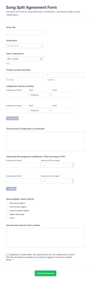 Song Split Agreement Form Template
