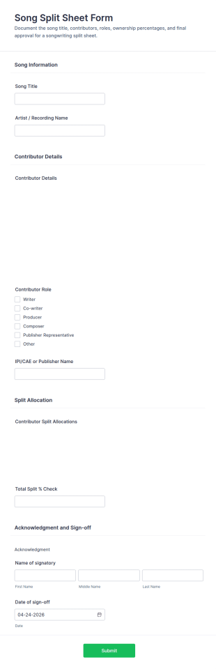 Song Split Sheet Form Template