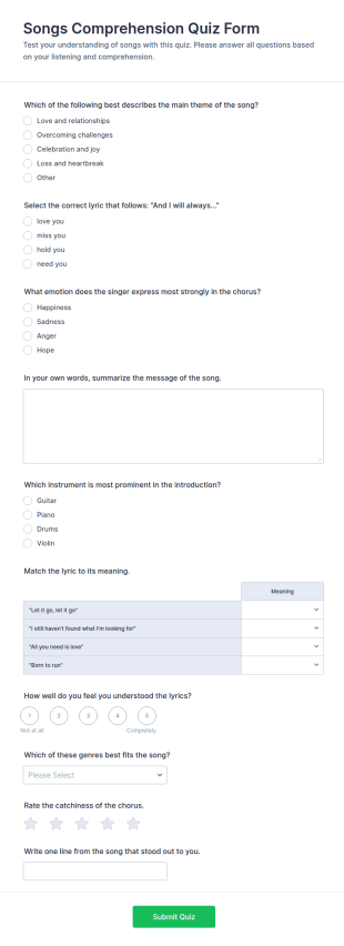 Songs Comprehension Quiz Form Template