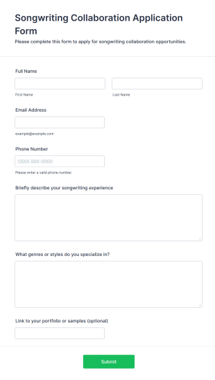 Songwriting Collaboration Application Form Template