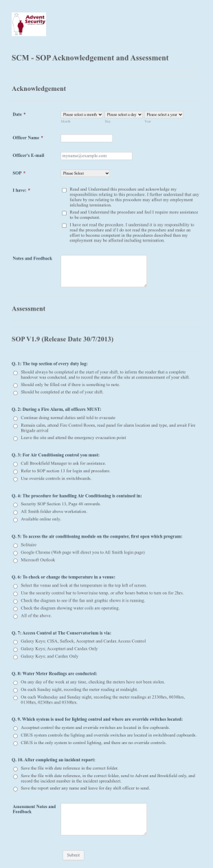 SOP Acknowledgement Form Template
