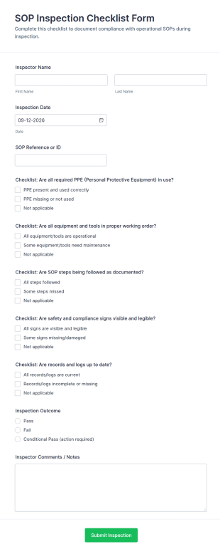 SOP Inspection Checklist Form Template