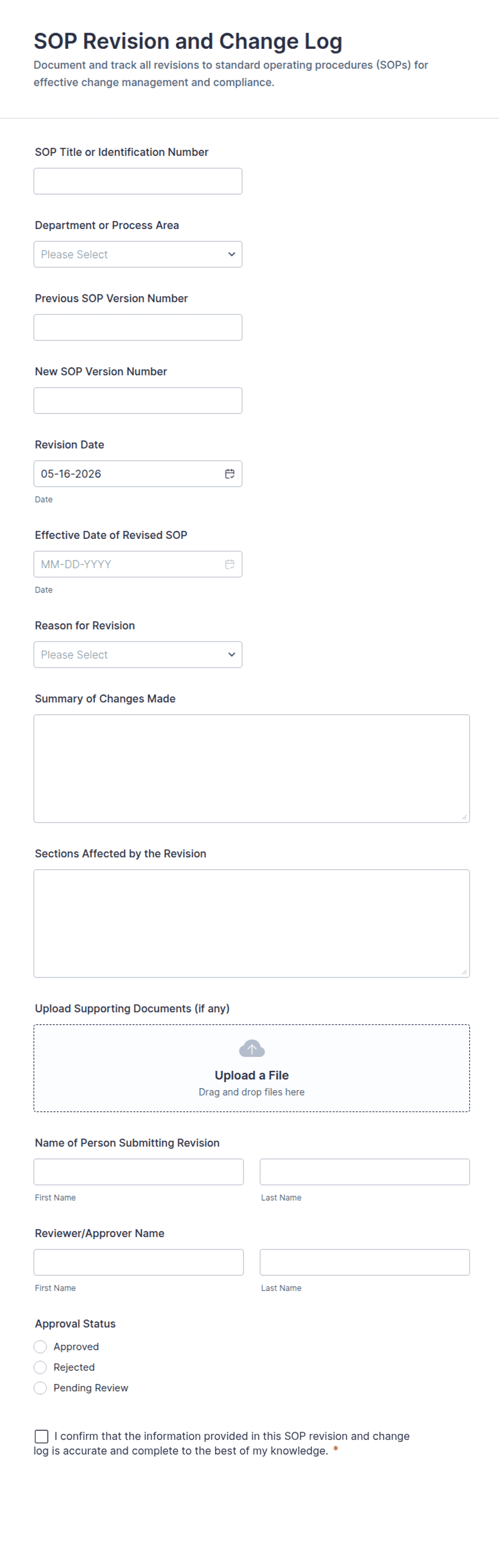 SOP Revision and Change Log Form Template | Jotform