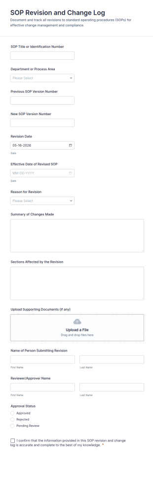 SOP Revision And Change Log Form Template
