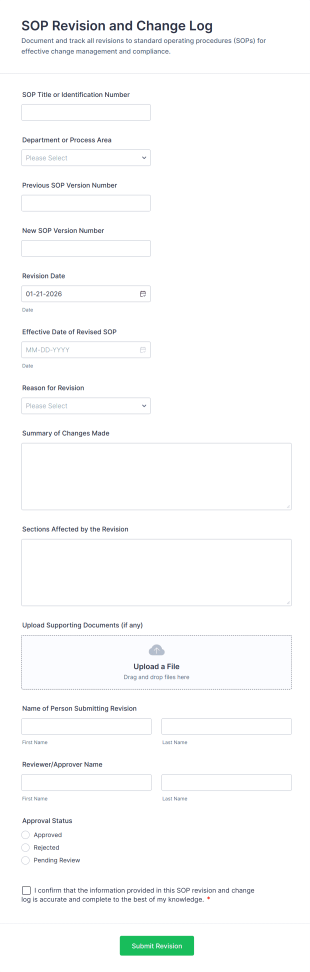 SOP Revision And Change Log Form Template
