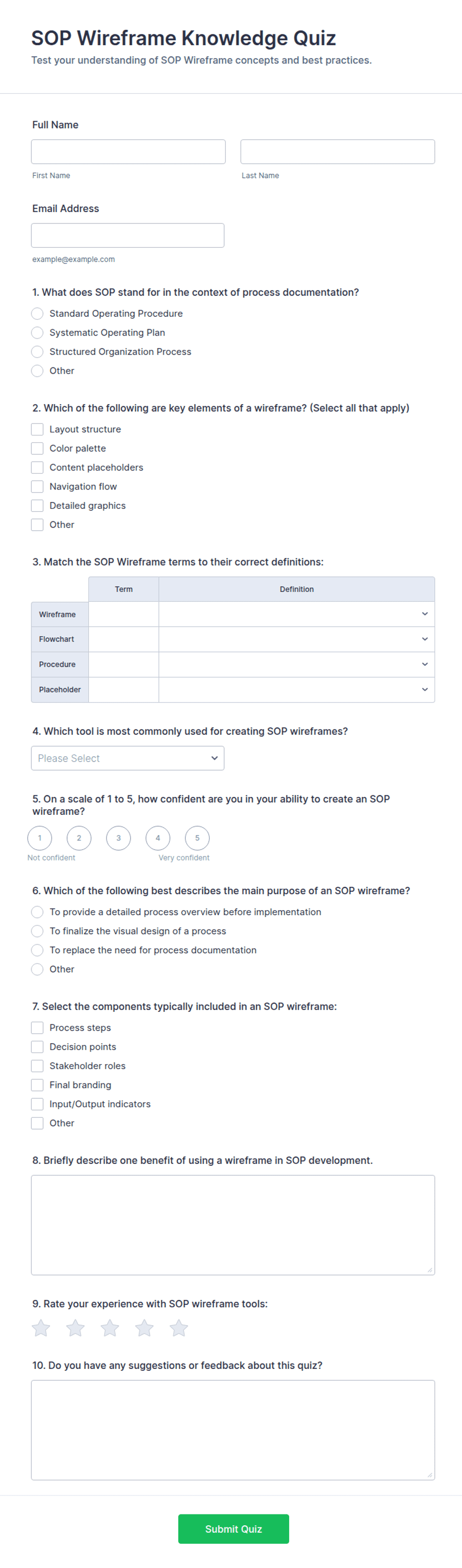 SOP Wireframe Knowledge Quiz Form Template | Jotform